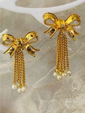 Golden Ribbon Bow Tassel Drop Earrings with Pearl Accents